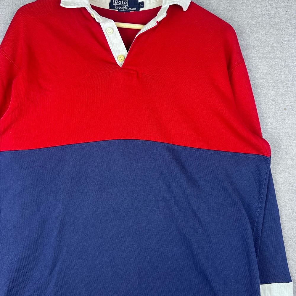 Vintage Polo Ralph Lauren Rugby Shirt Red Navy Colorblock Crest Mens L